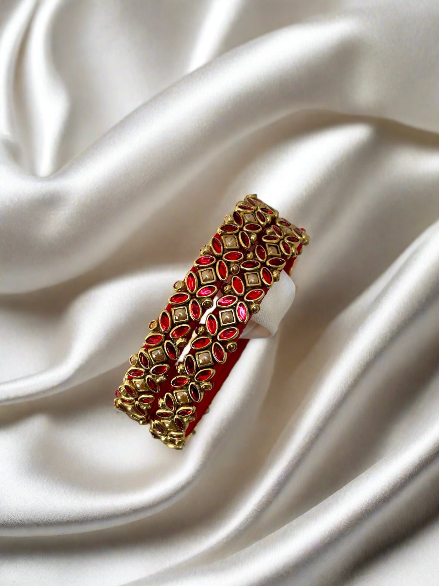 Red and Gold Silk Thread Kundan Bangle Set