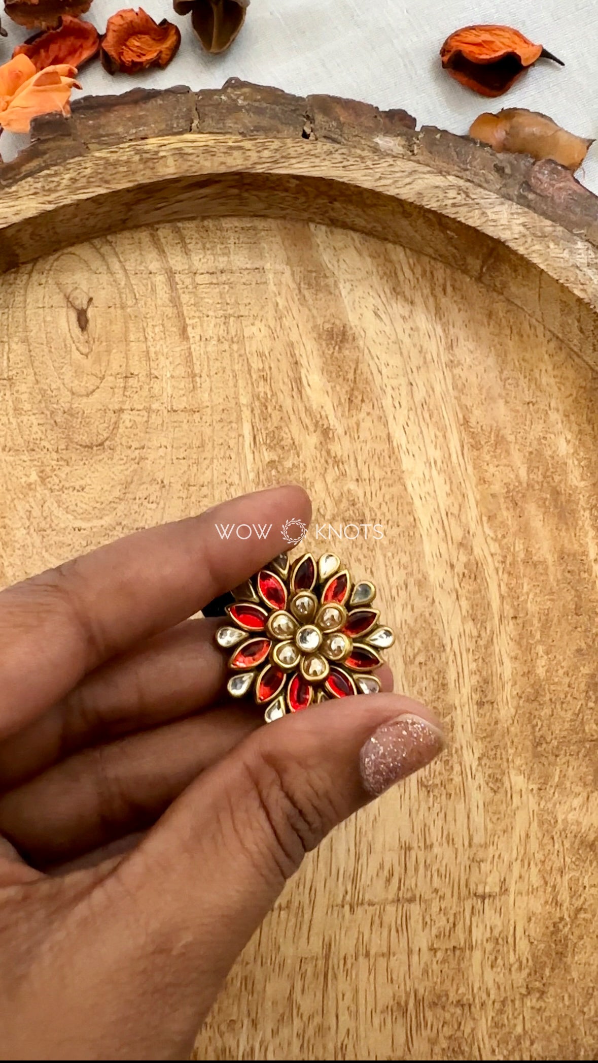 3D Flower Kundan Hair Tie - Red & Pearl Gold Kundan Rubber Band