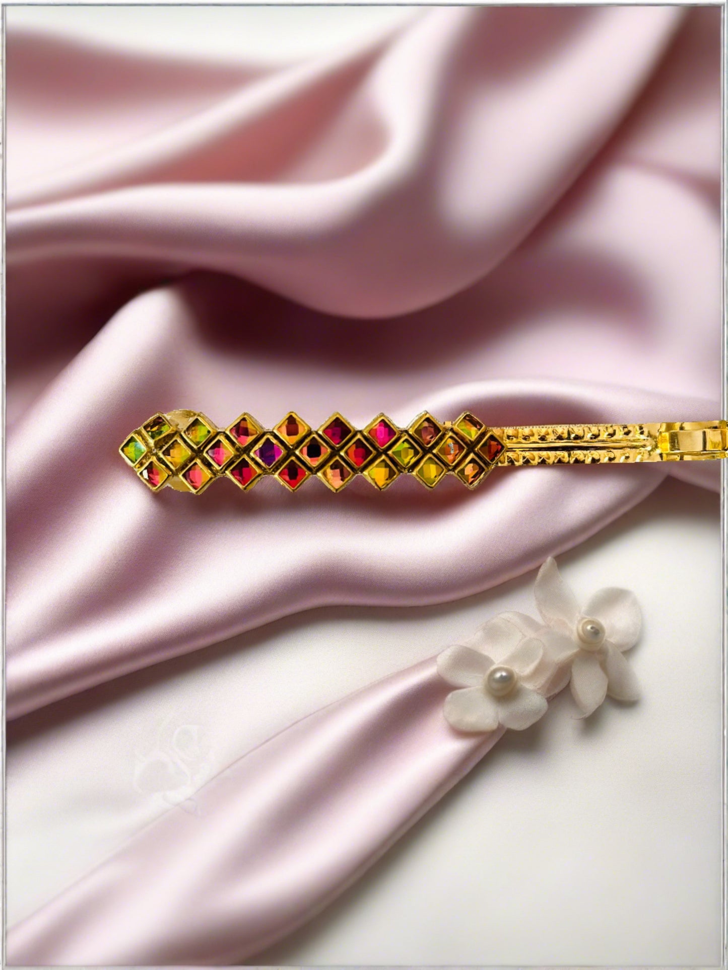 Kundan Centre Hair Clip - Triple Row Square Majesty