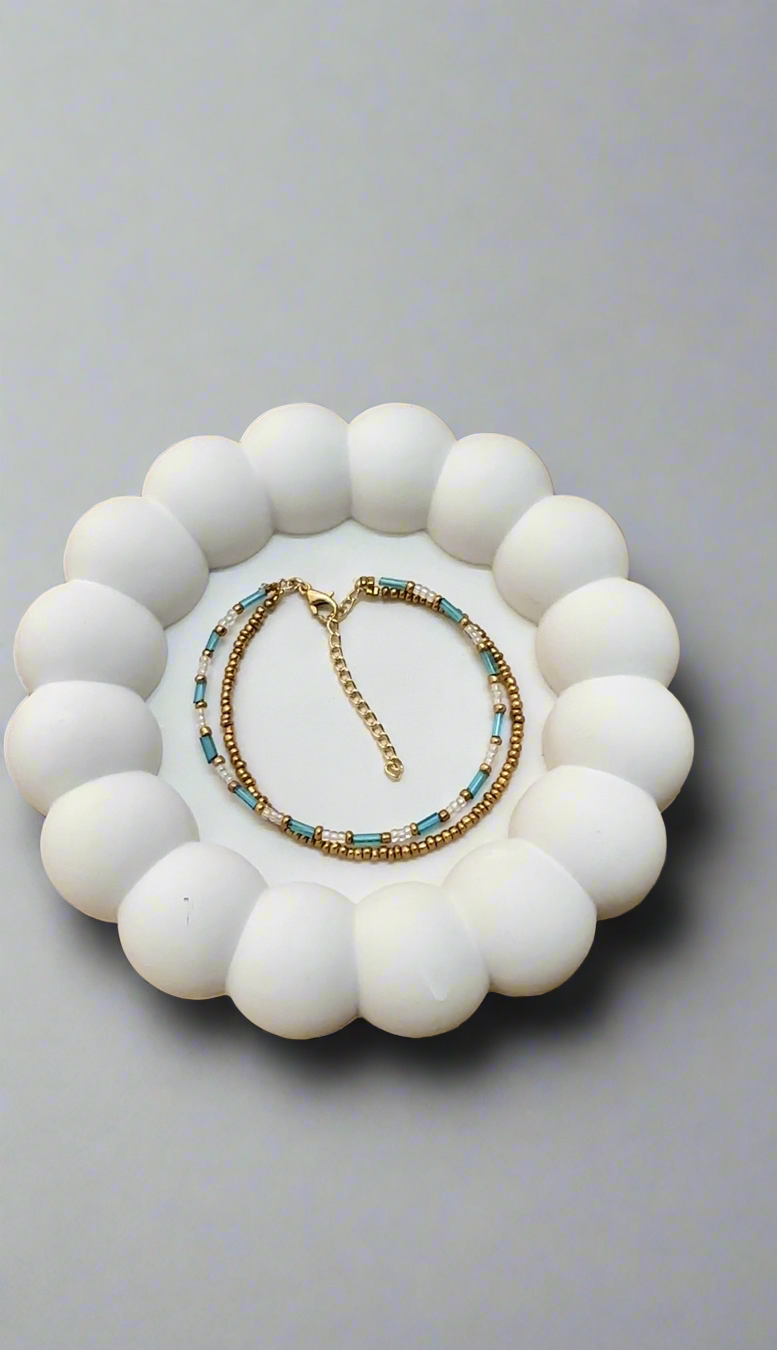 Two Layer Blue Tube Bead with Gold Seed Bead Bracelet