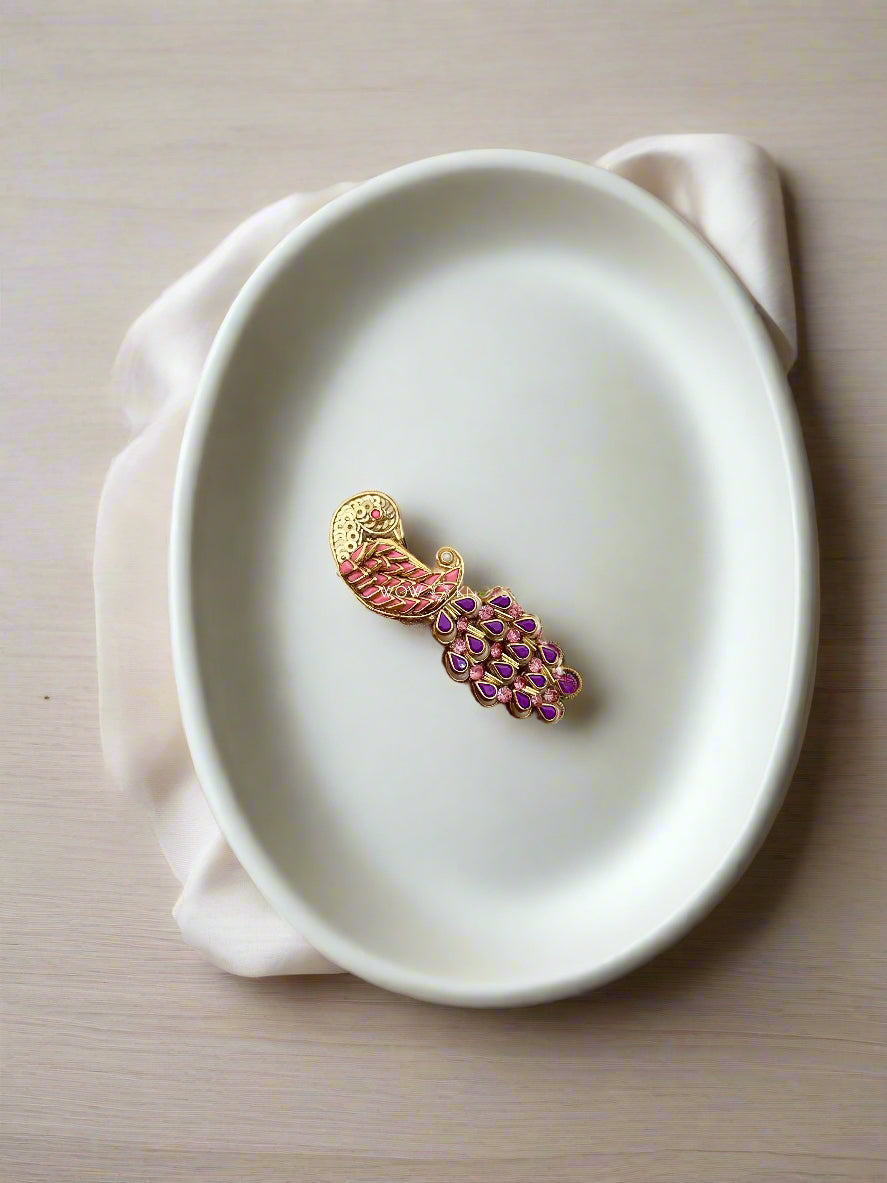 Peacock Kundan Center/Barrette  Clip - Pink and Purple Colour