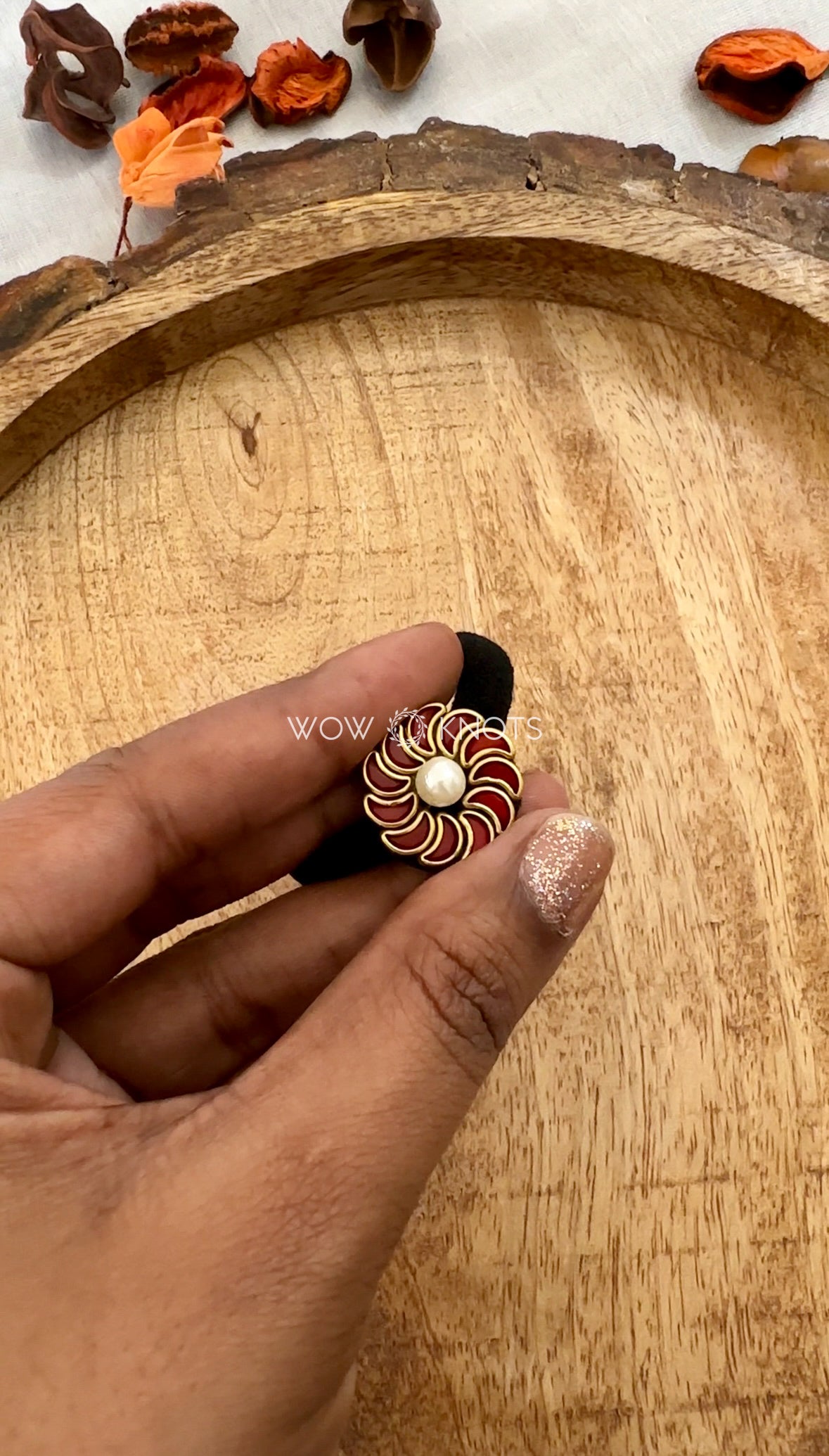 Small Moon Kundan and Pearl Rubber Band/Hair Tie