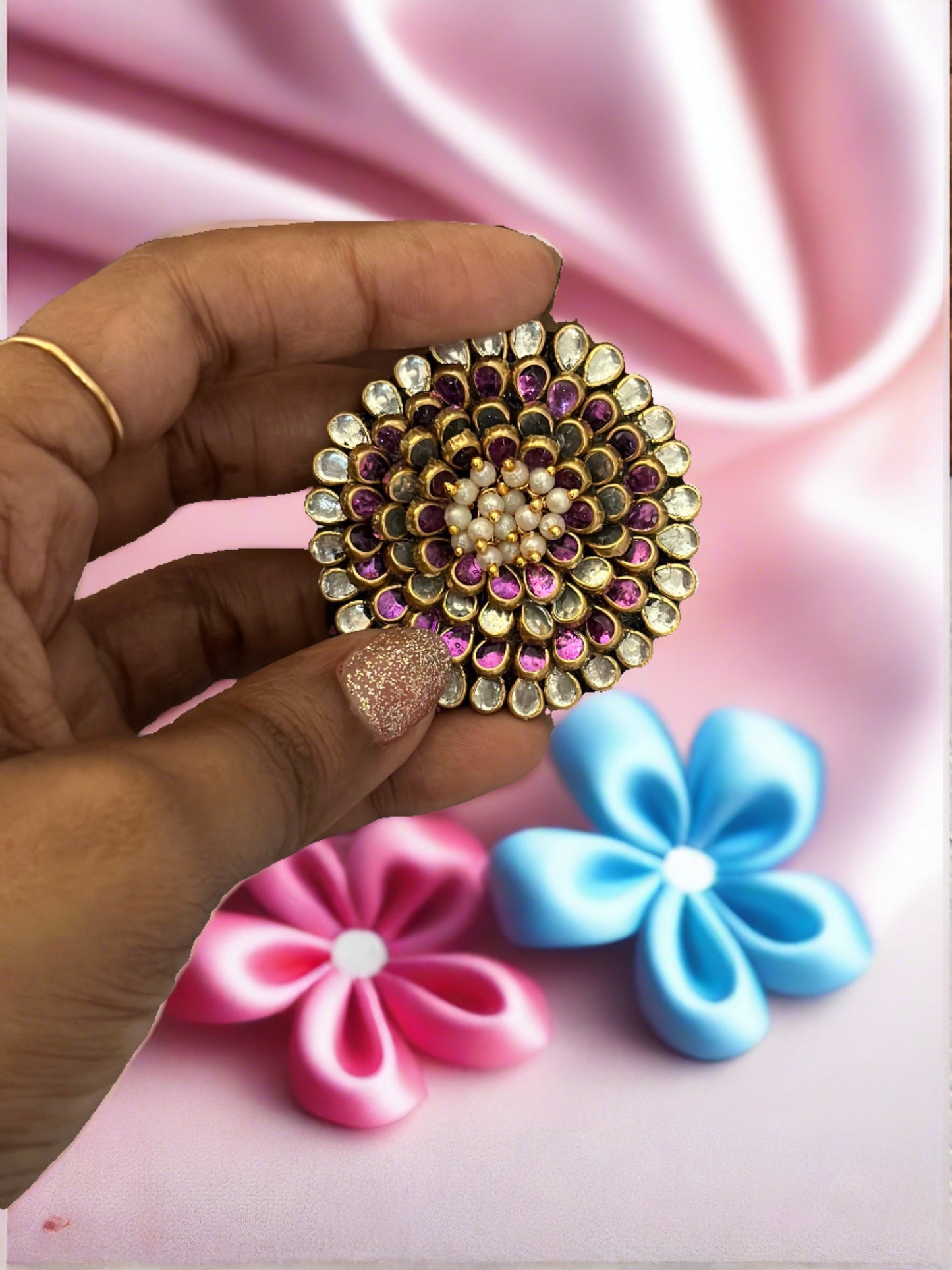3D Kundan Hair Tie - White & Purple Drop Glossy Kundans with Loreal Beads
