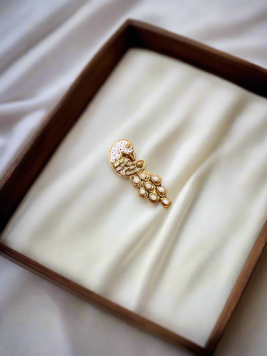 Peacock Kundan Saree Pin/Brooch - White