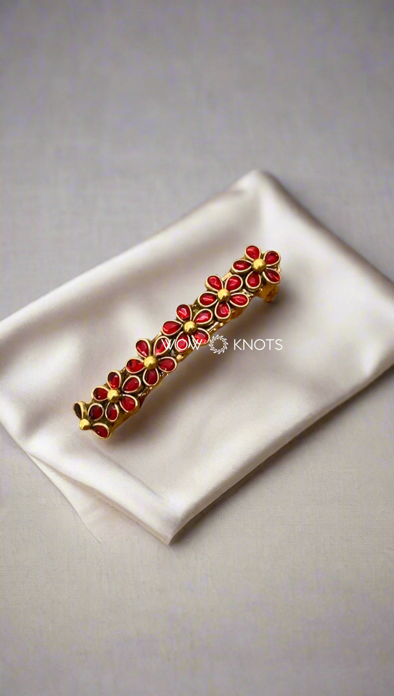 Red Kundan Floral Center/Barrette Hair Clip – Elegant Ethnic Hair Accessory