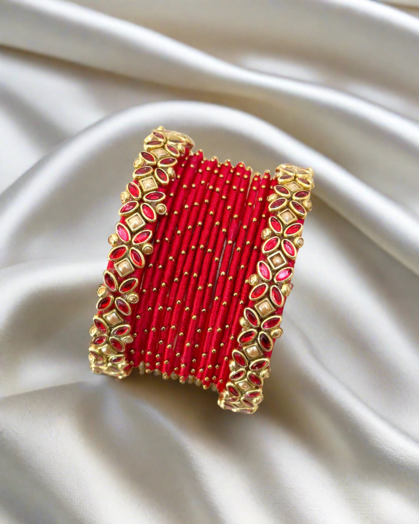 Red and Gold Silk Thread Kundan Bangle Set