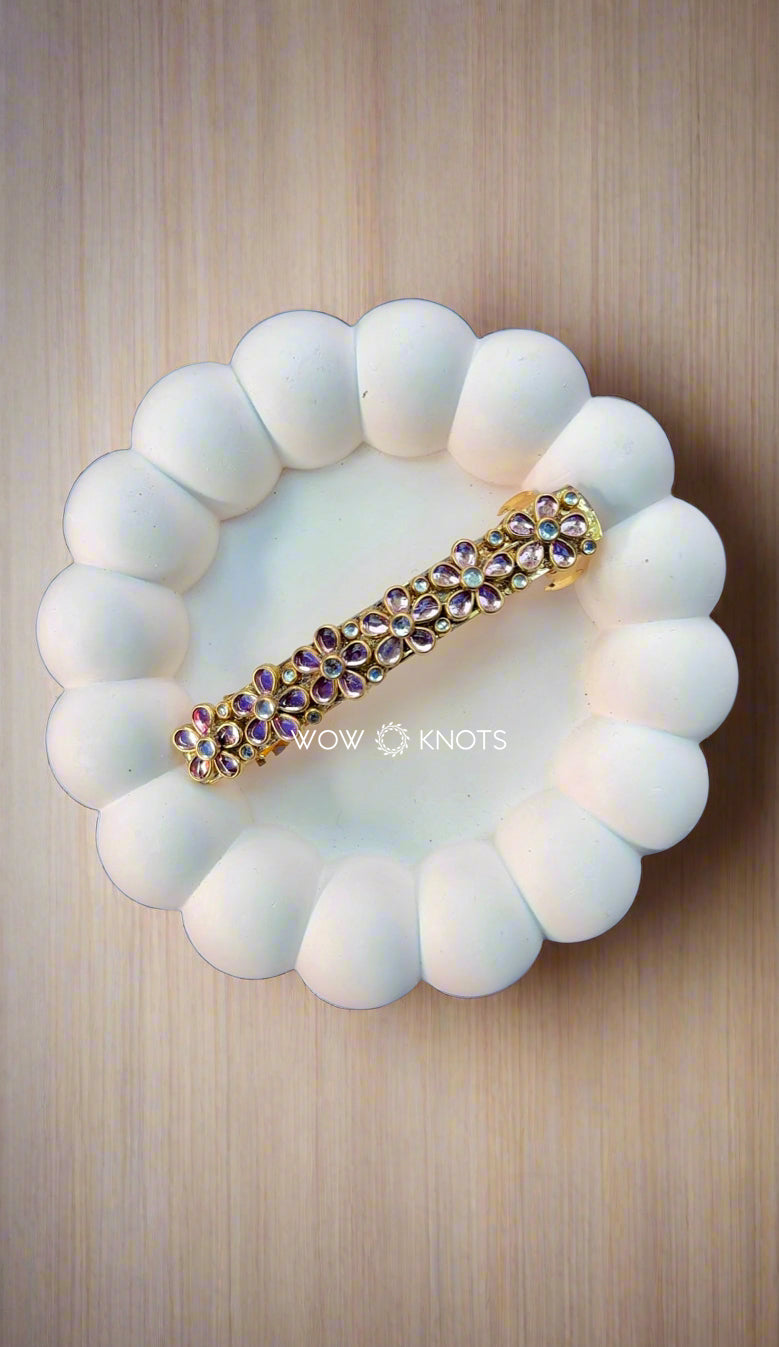 Onion Pink Flower Kundan Barrette Clip – Handcrafted Hair Accessory