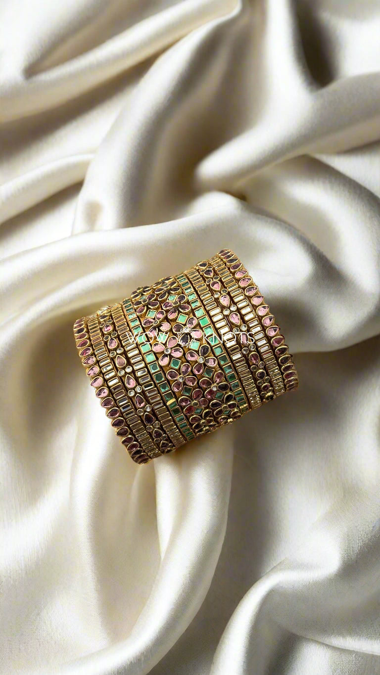 Pink and Green Pastel Shade Kundan Bangle Set - Iris