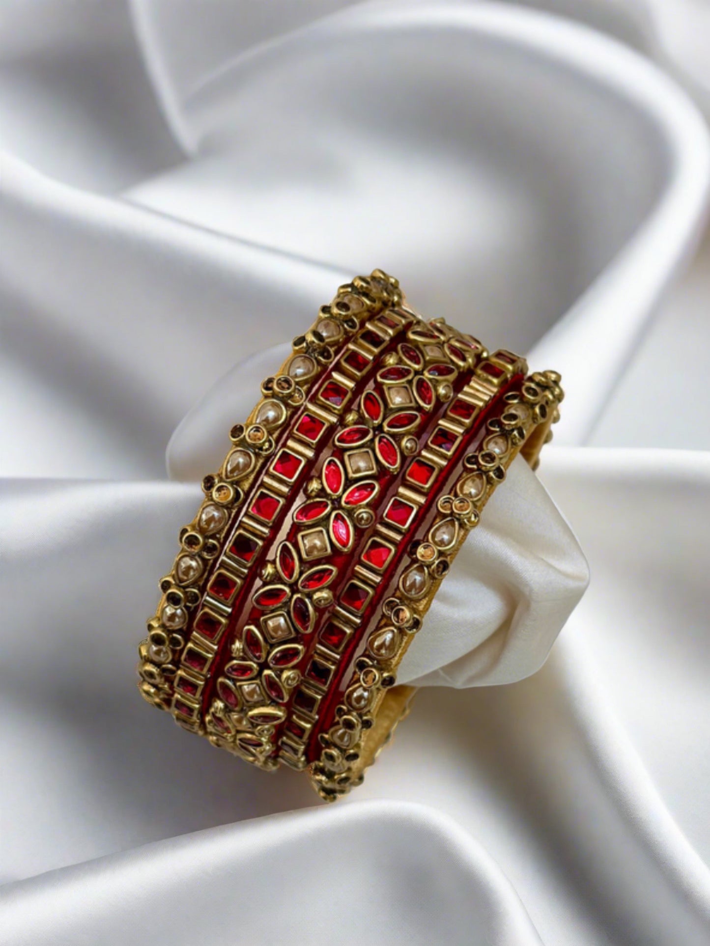 Red and Gold Silk Thread Kundan Bangle Set