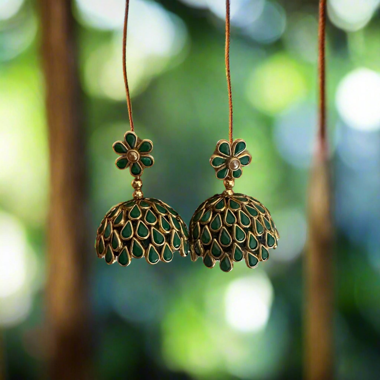 Green Kundan Silk Thread Jhumkas/Earrings