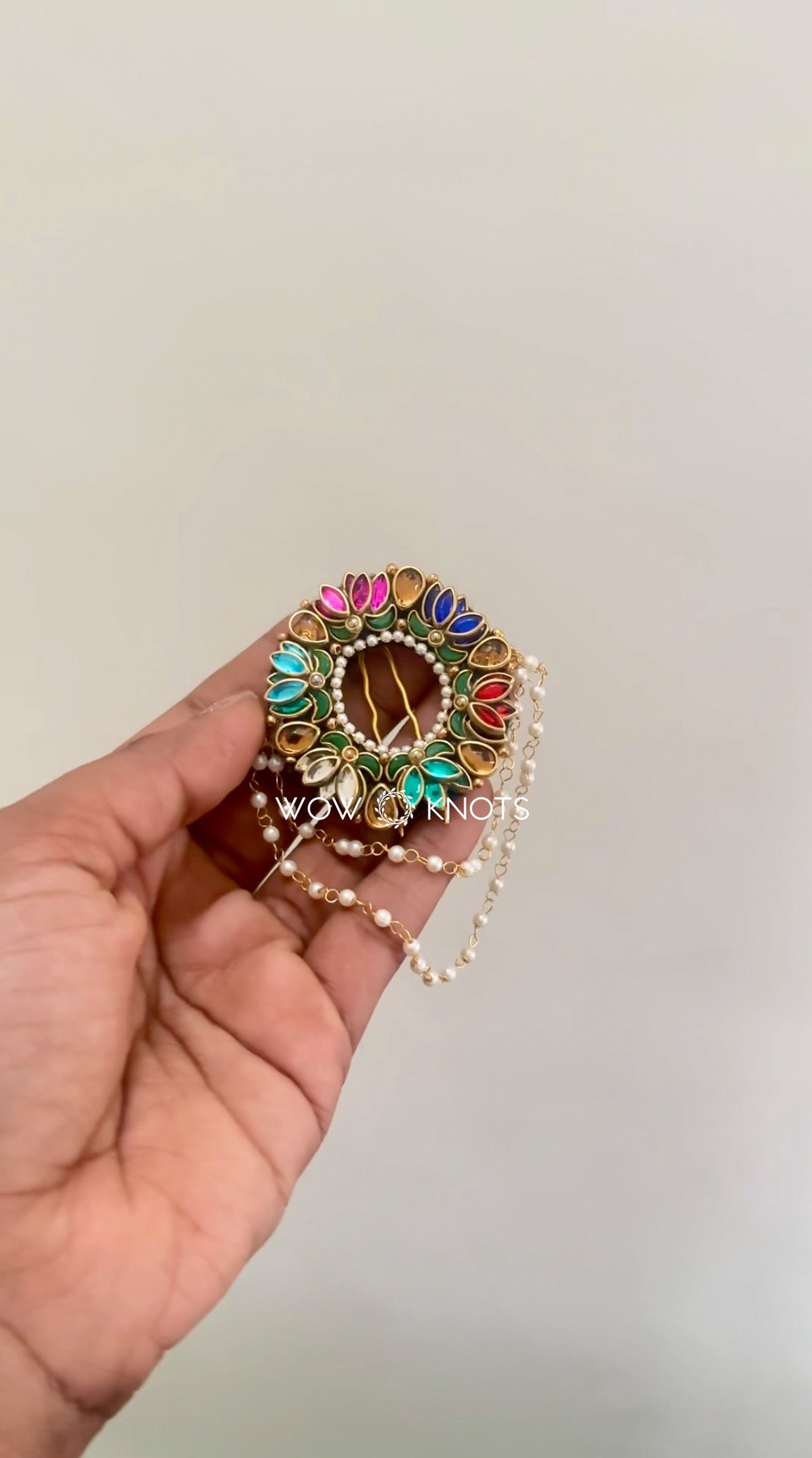 Multicoloured Lotus Celestial Bloom Hair Brooch/Jada Billa With Pearl Chain