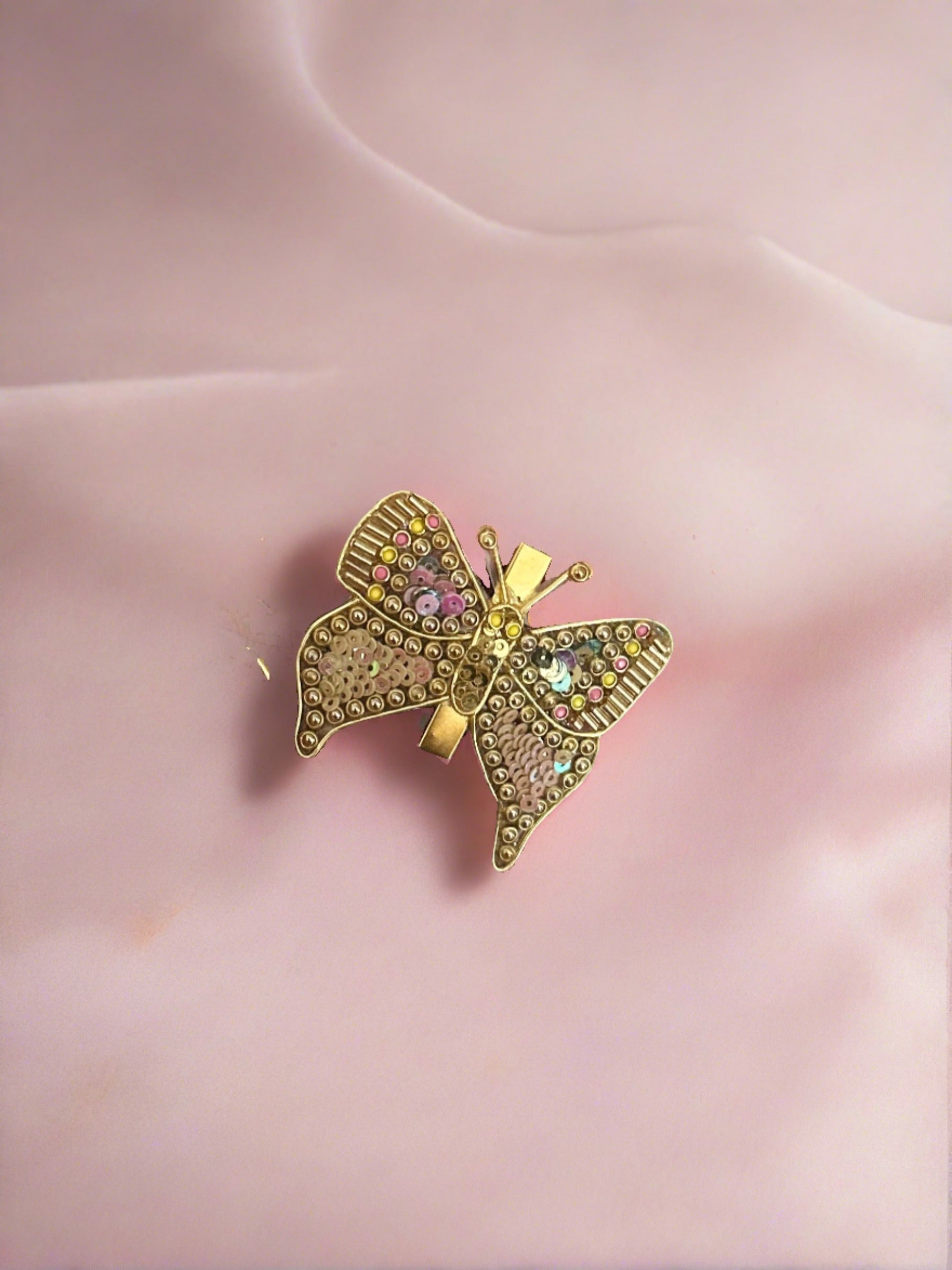 Beads, Sequins and Kundans Butterfly Alligator Hair Clips/Kundan Hair Accessories/Kundan Alligator Hair Clips (Golden Beads, Yellow and Pink Kundans,