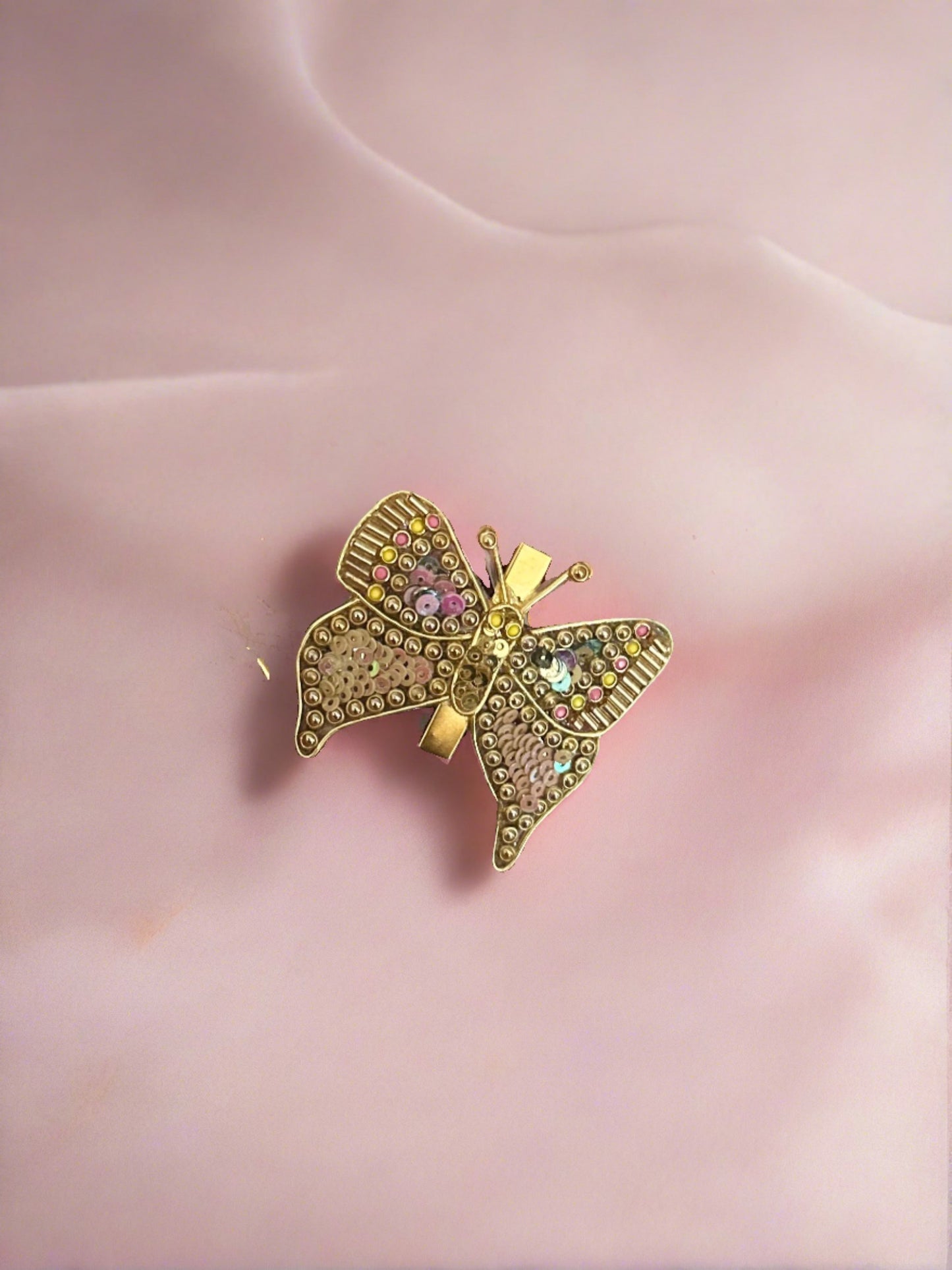 Beads, Sequins and Kundans Butterfly Alligator Hair Clips/Kundan Hair Accessories/Kundan Alligator Hair Clips (Golden Beads, Yellow and Pink Kundans, Pink Rainbow and Gold Sequins)