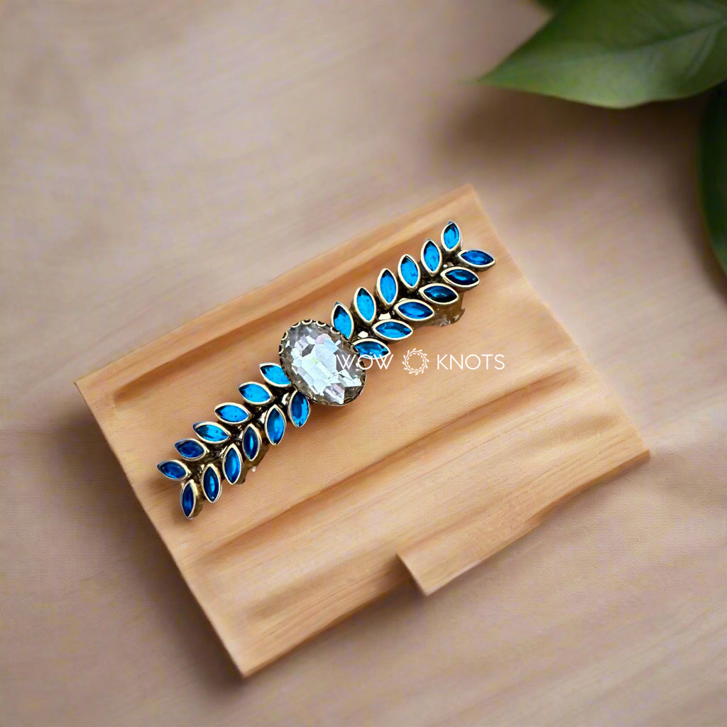 Blue Glossy Leafy Crystal Kundan Center Hair Clip/ Barrette Clip