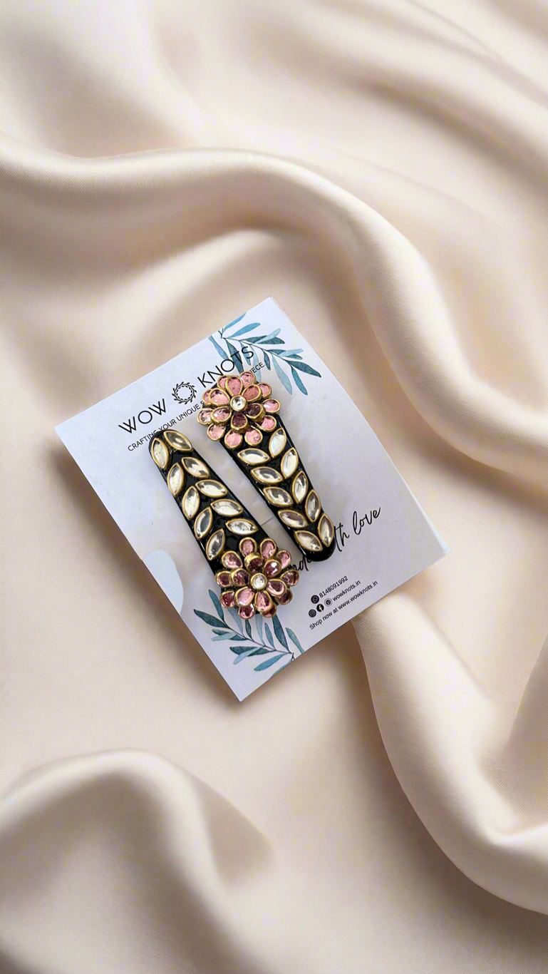 3D Light Pink Flower Kundan Tic Tac Hair Clip