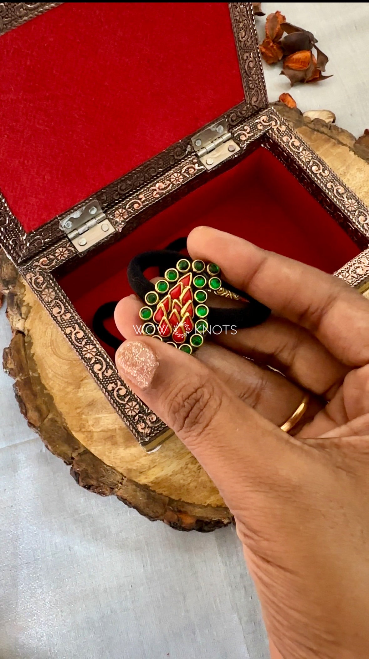 Small Mango Kundan Rubber Band/Hair Tie - Red and Green