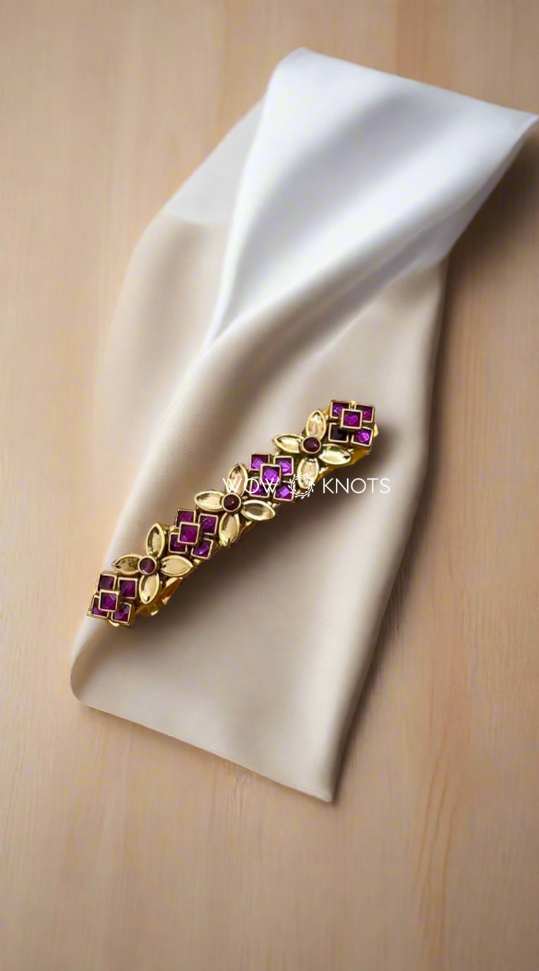 Purple and Gold Kundan Center/Barrette Hair Clip – Elegant Traditional Hair Accessory