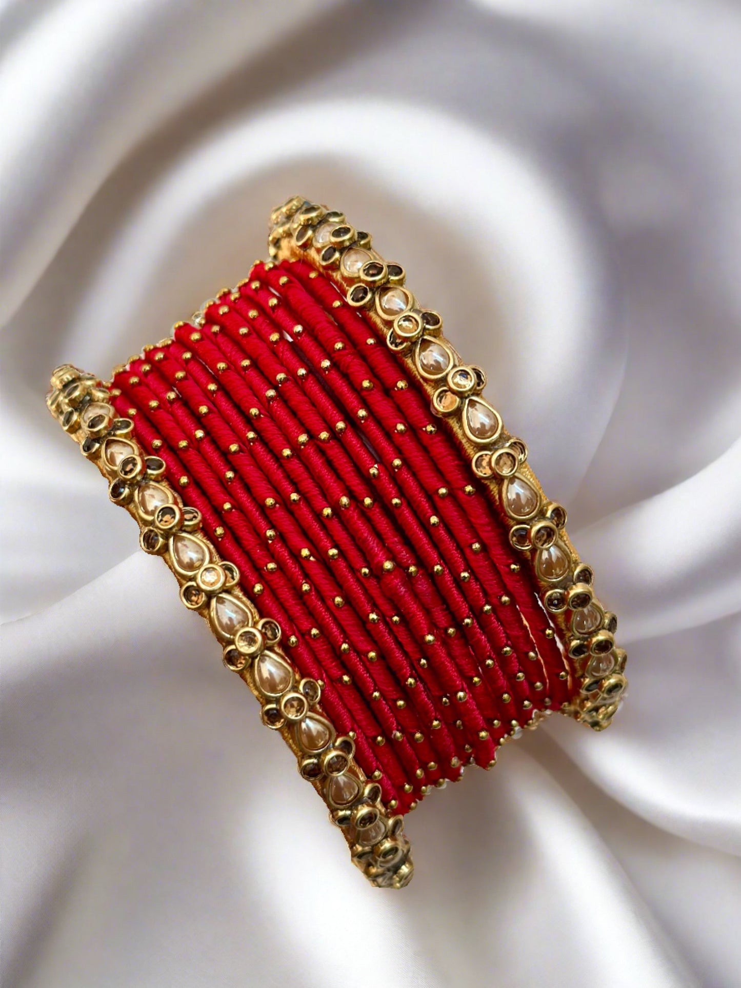 Red and Gold Silk Thread Kundan Bangle Set
