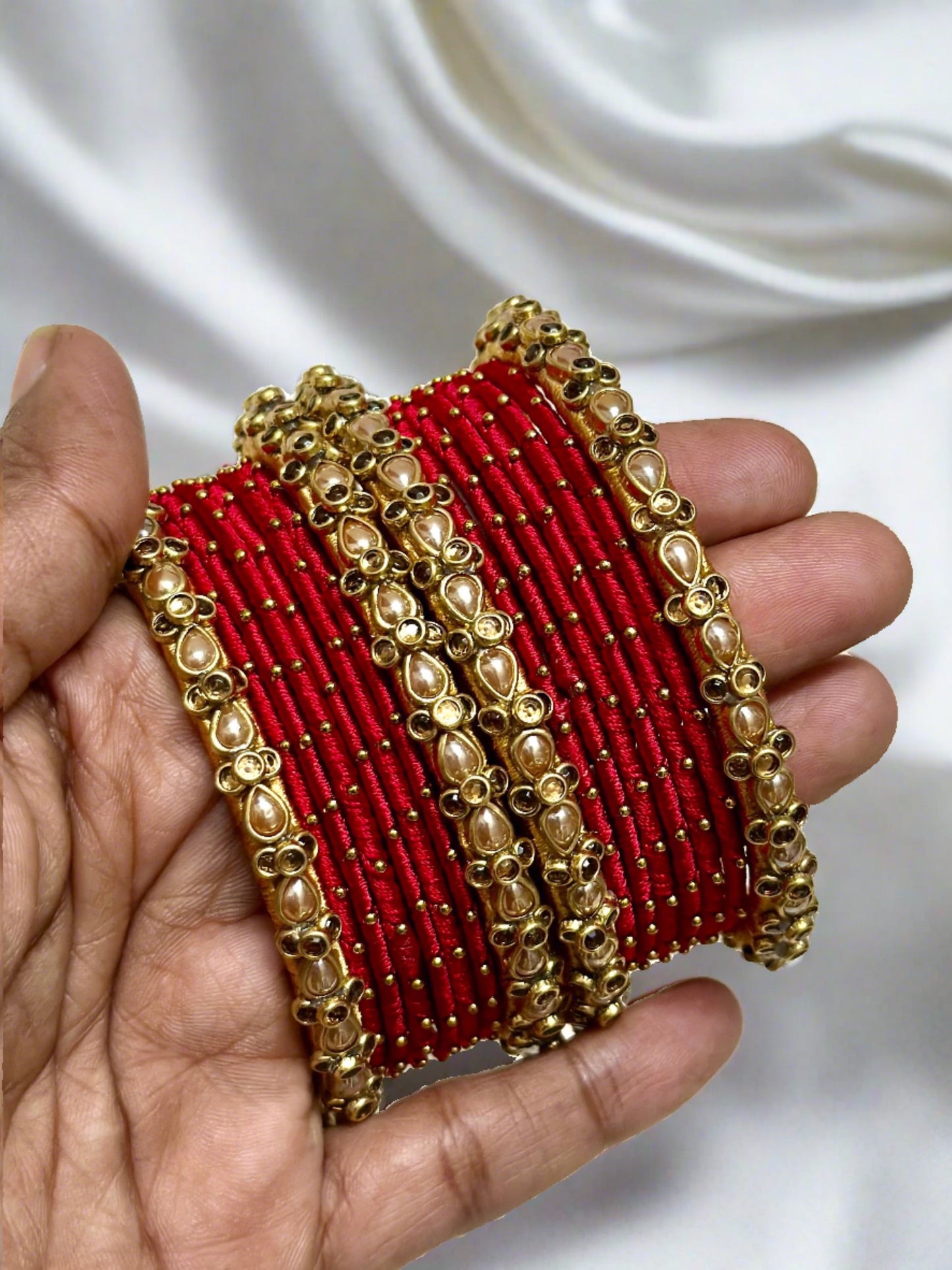 Red and Gold Silk Thread Kundan Bangle Set