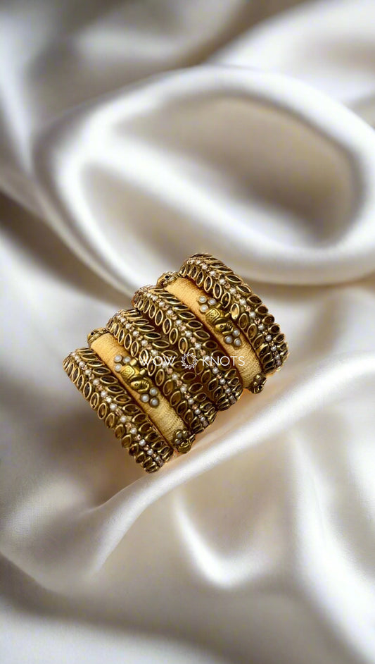 Gold Silk Thread Kundan Bangle Set With Elephant Charms