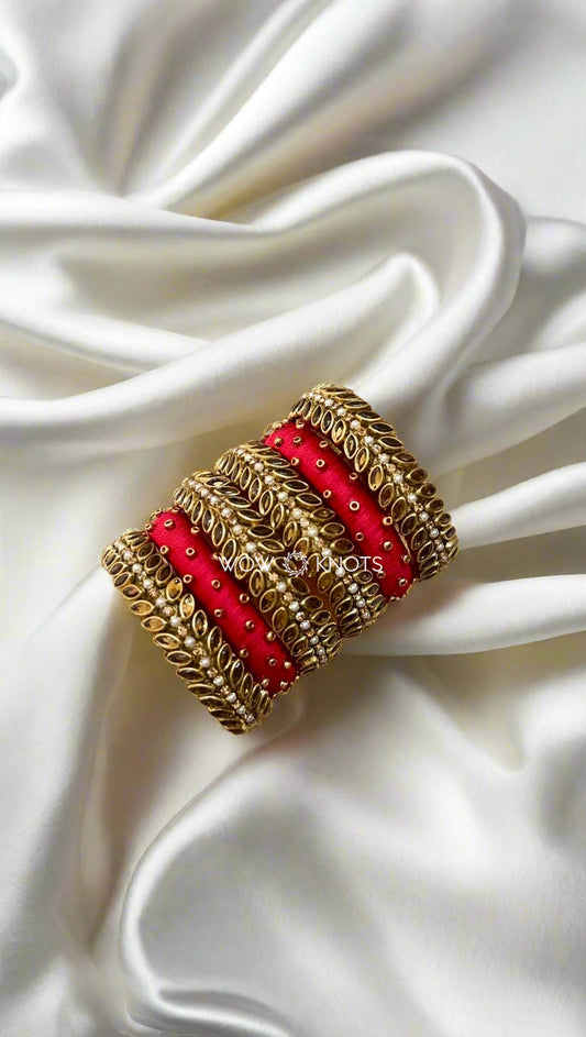 Gold and Red Kundan Bangle Set(Red Dotted Bead Centre Bangle)