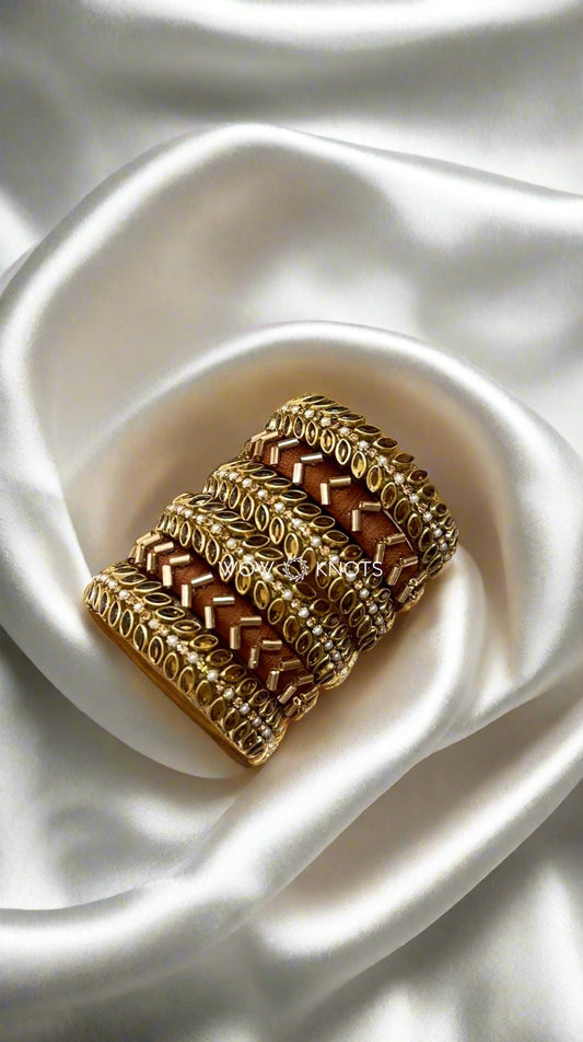 Gold and Brown Kundan Bangle Set(Brown Pipe Bead Centre Bangle)