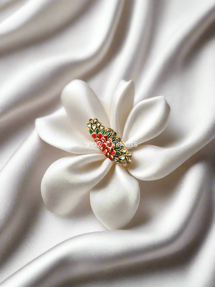 Green and Red Kundan Saree Pin - 3D Semi Flower