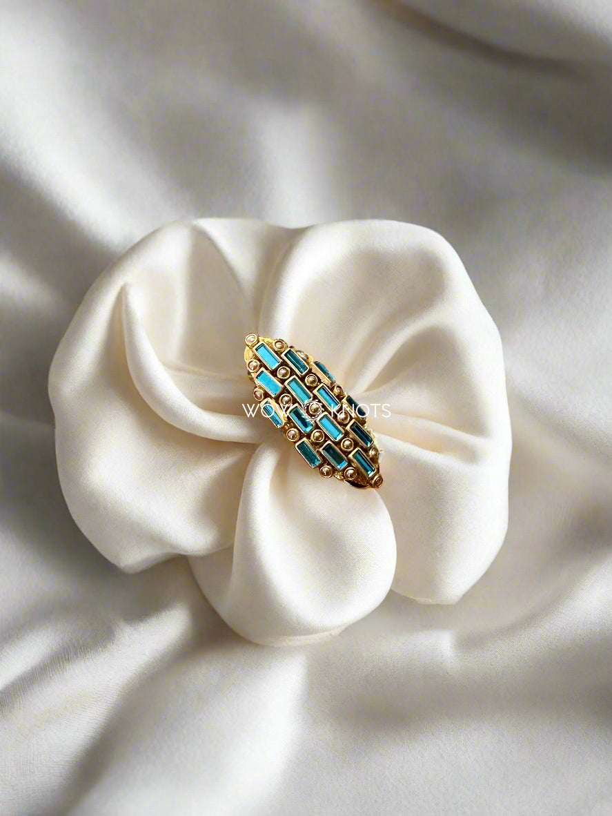 Blue Kundan Saree Pin - Rectangle Stack