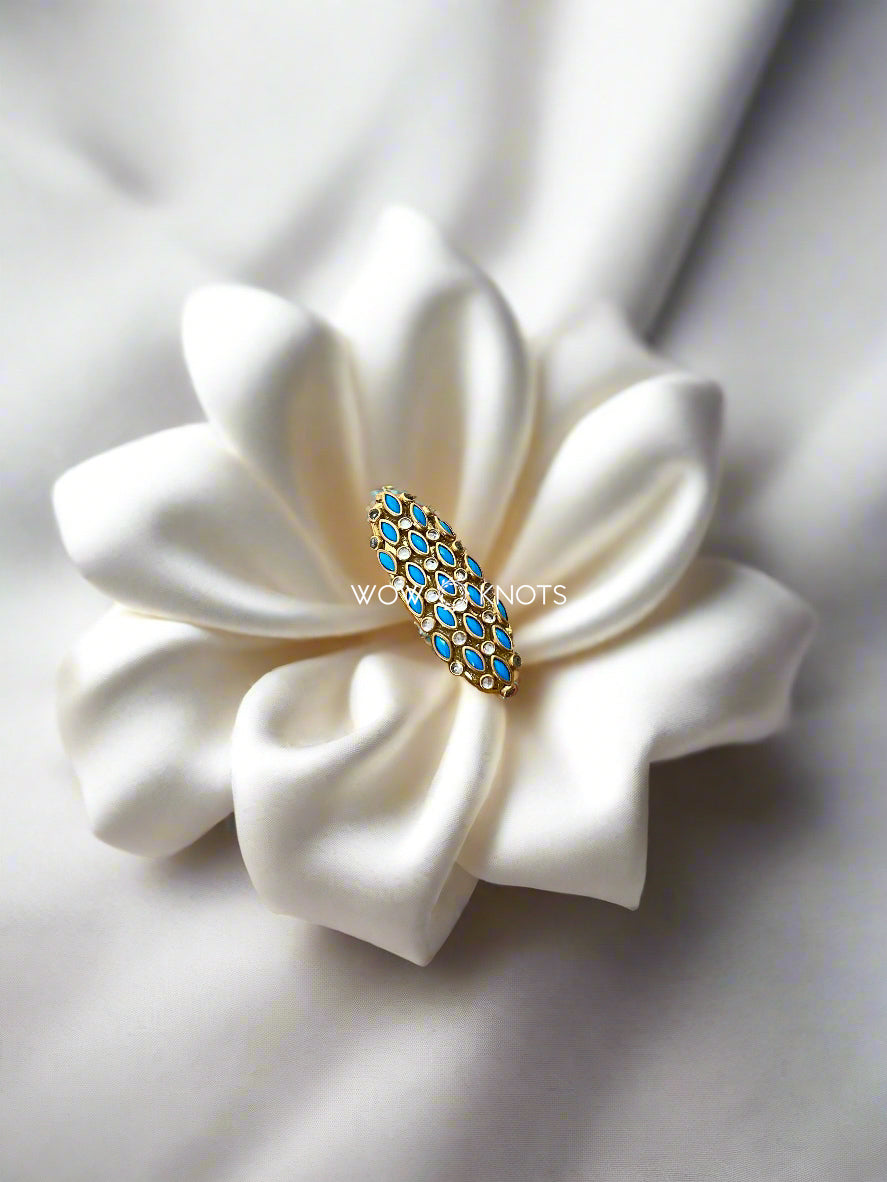 Blue Kundan Saree Pin - Eye Shaped Kundan Stack