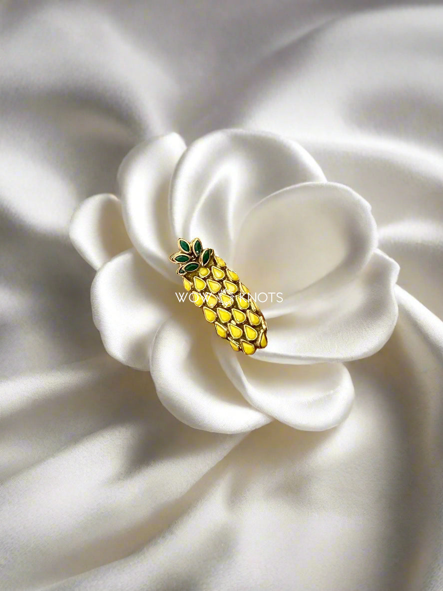 Yellow and Green Kundan Saree Pin - Pineapple