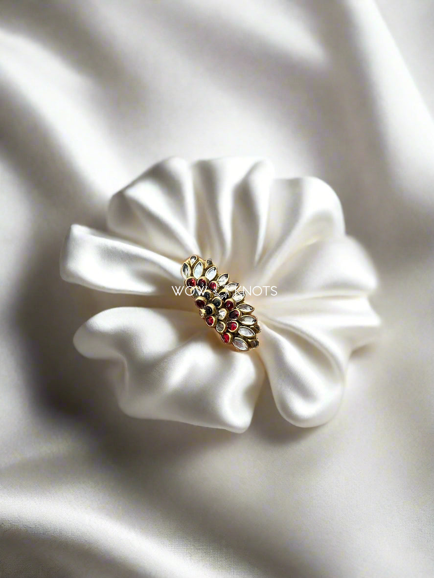 Silver and Red Kundan Saree Pin - 3D Semi Flower