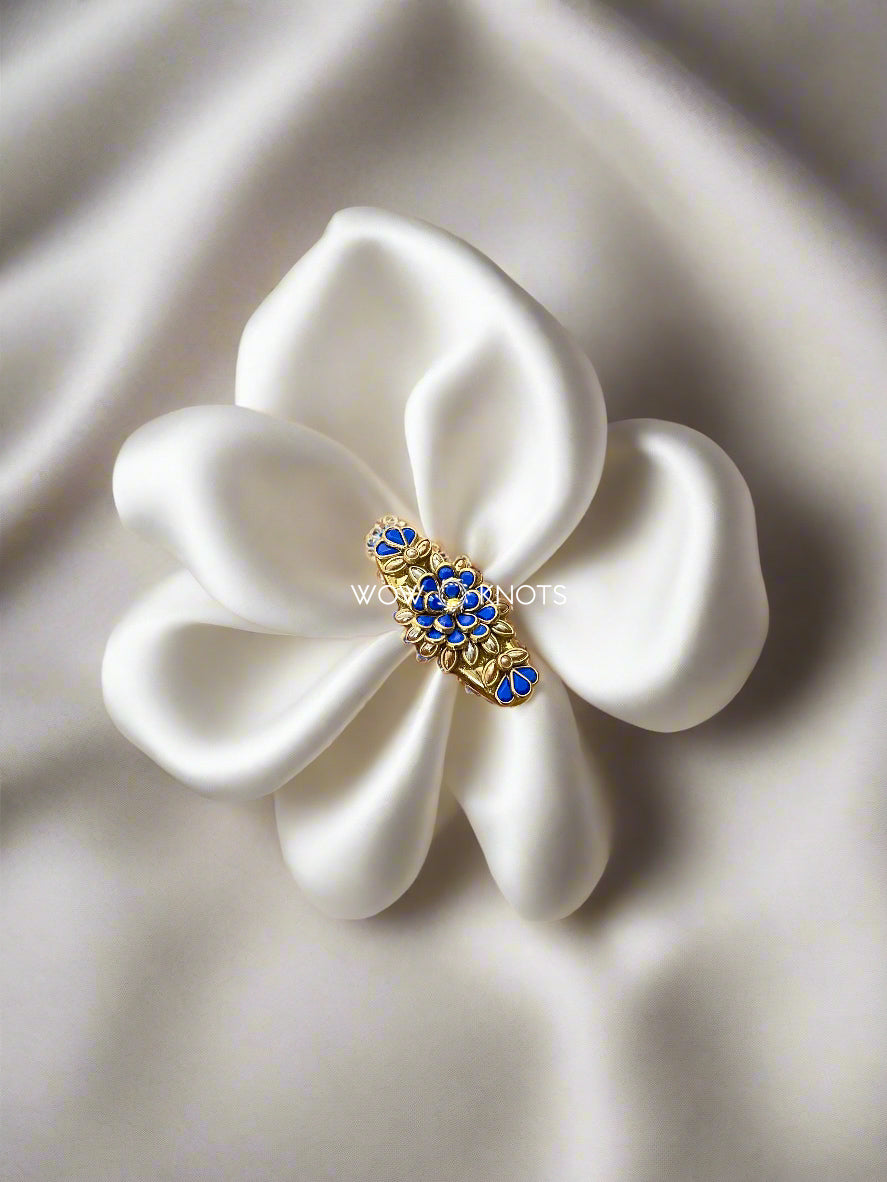 Gold and Navy Blue Kundan Saree Pin - 3D Flower