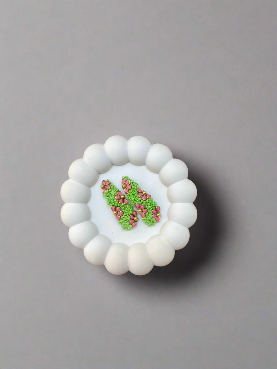 Pink Kundan Flower and Parrot Green French Knot Embroidery Hair Clip