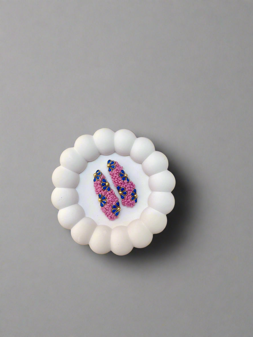 Blue Kundan Flower and Pink French Knot Embroidery Hair Clip