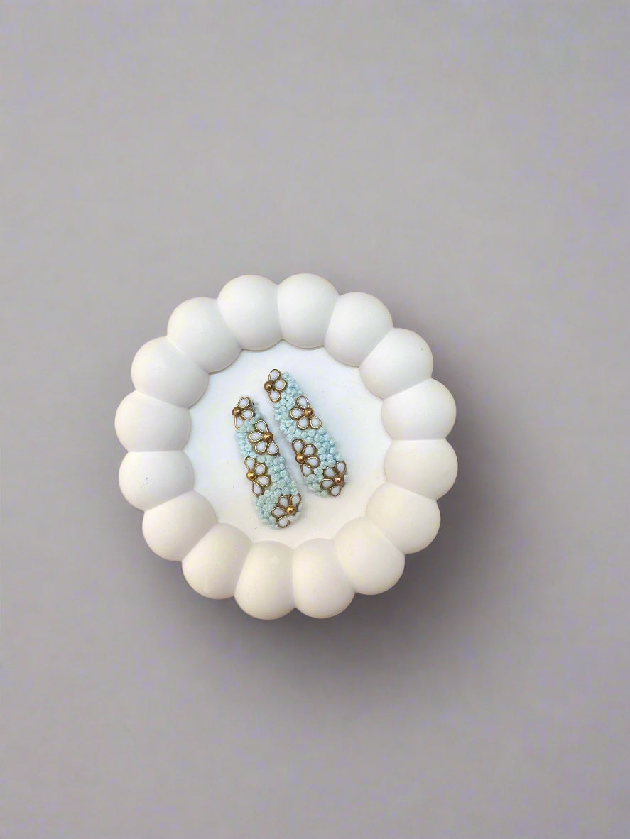 White Kundan Flower and Sky Blue French Knot Embroidery Hair Clip