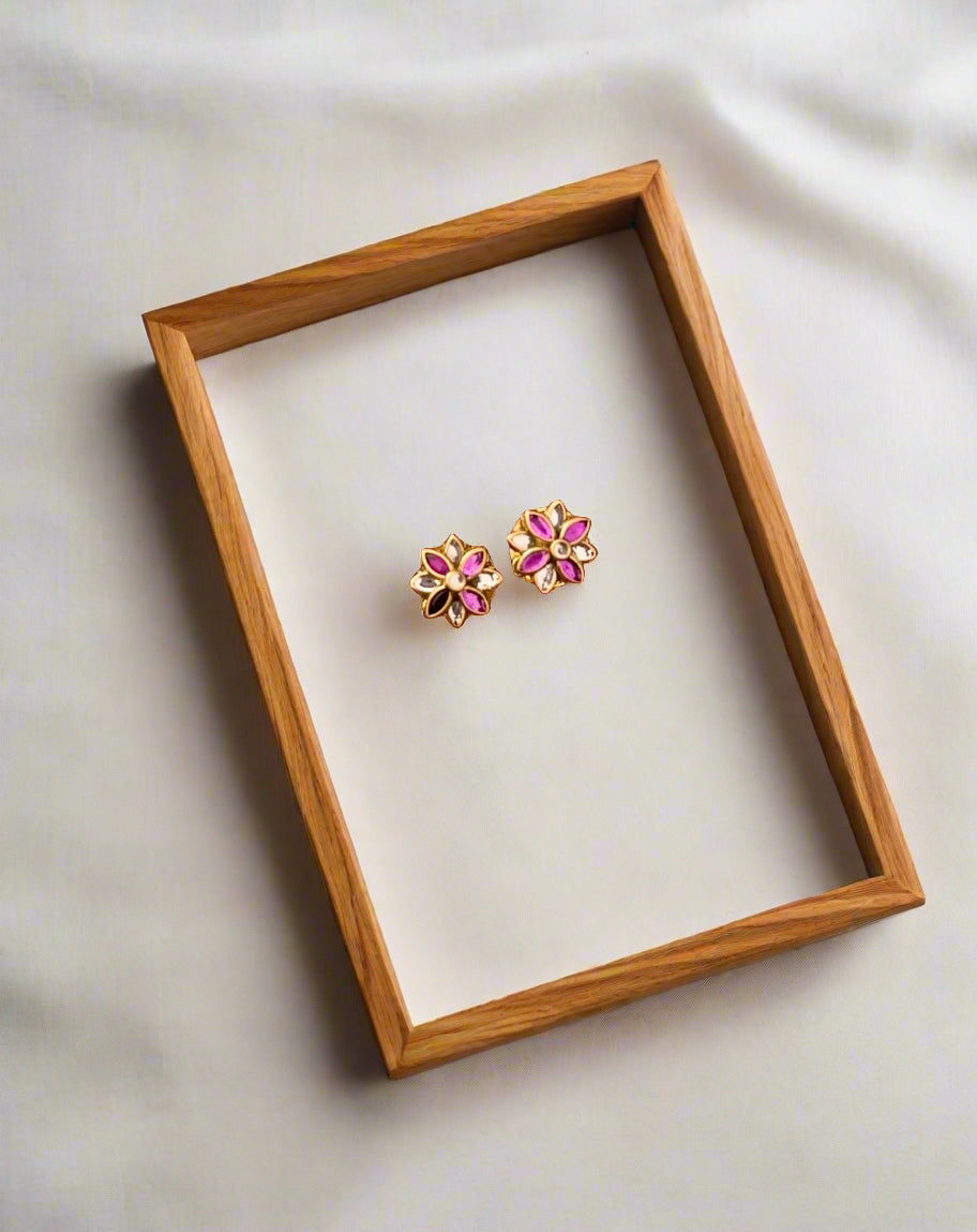 3D Glossy Floral Stud Earrings with Eye-Shaped Colorful Kundan – Silver Tone Base