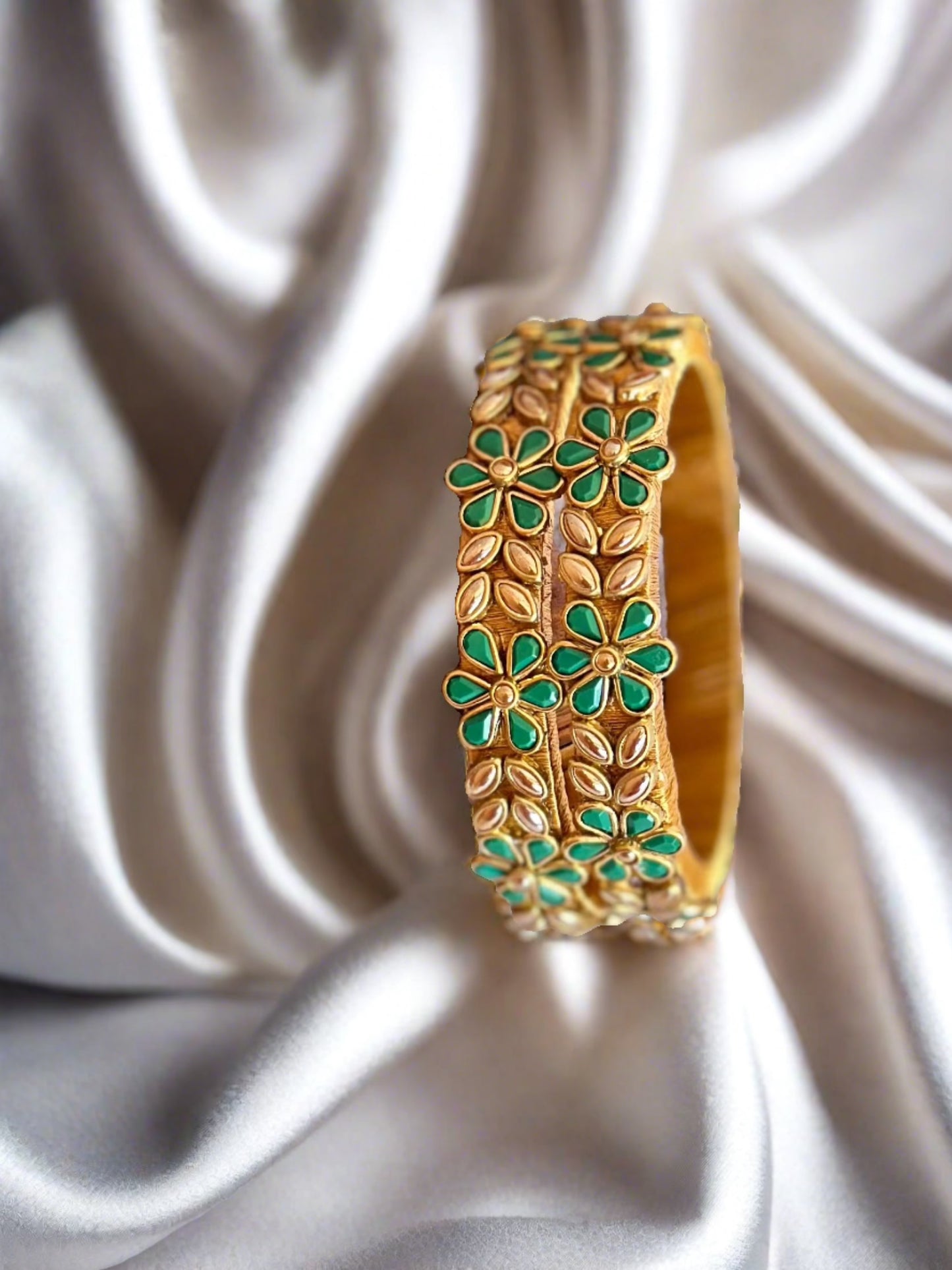 Red and Green Blossom Silk Thread Kada Kundan Bangles