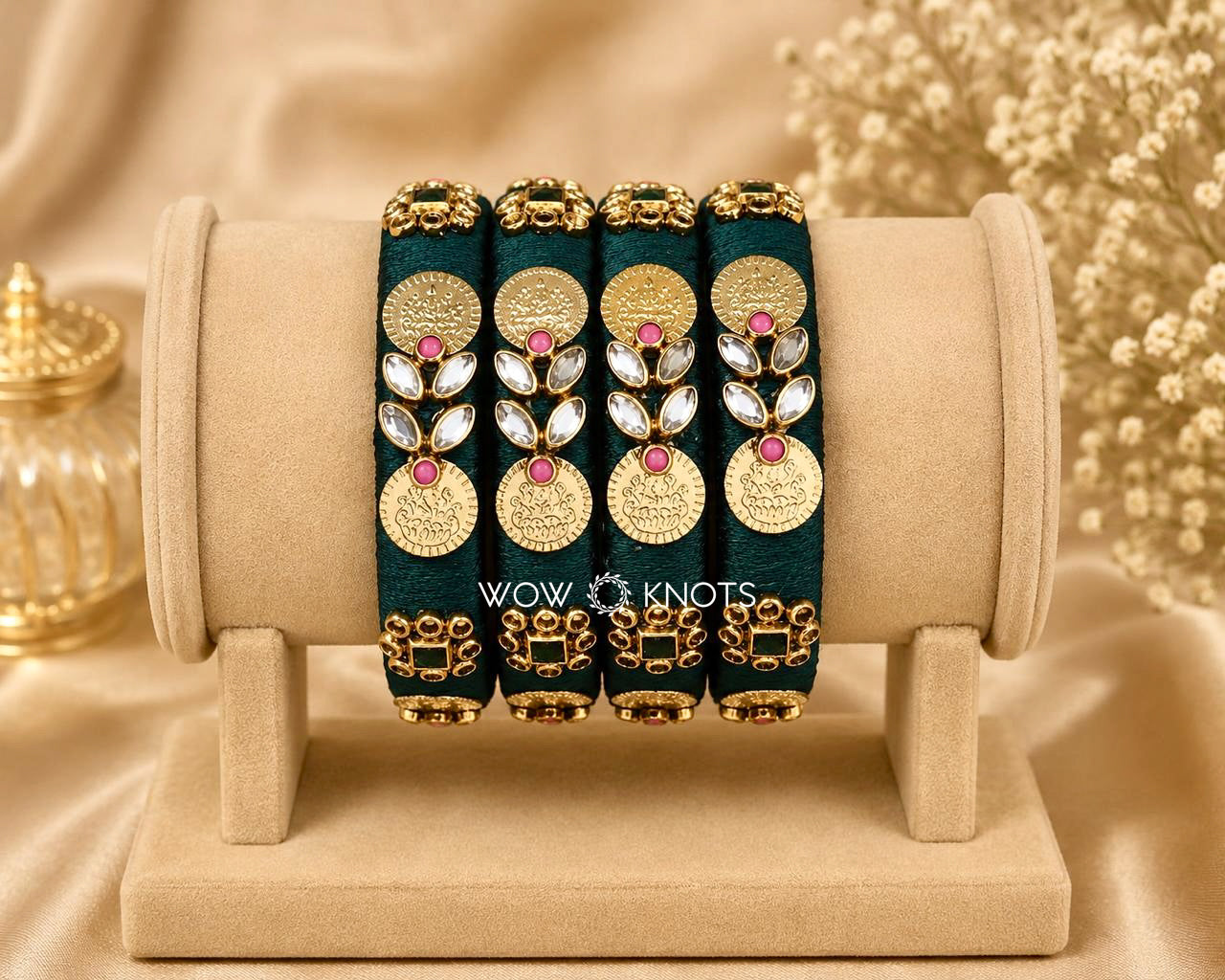 Peacock Green Coin and Kundan Minimalist Bangle Set