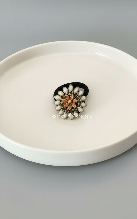 Big Pearl White Leaf Daisy Gold and Orange Colour Kundan Rubber Band/Hair Tie