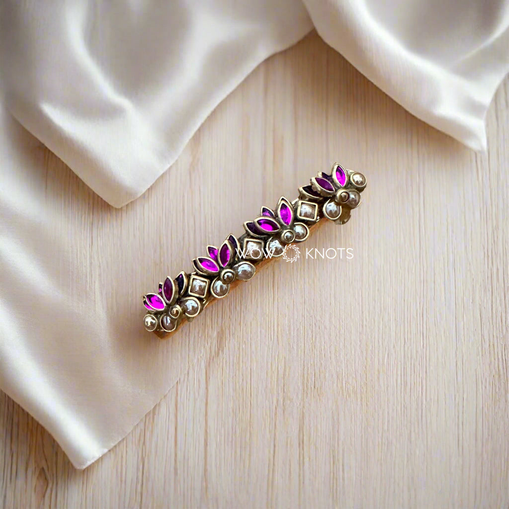 Rani Pink Glossy Lotus Kundan Center Hair Clip/ Barrette Clip