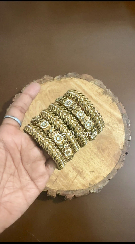 Gold Kundan Bangles Set - Petals and Drops