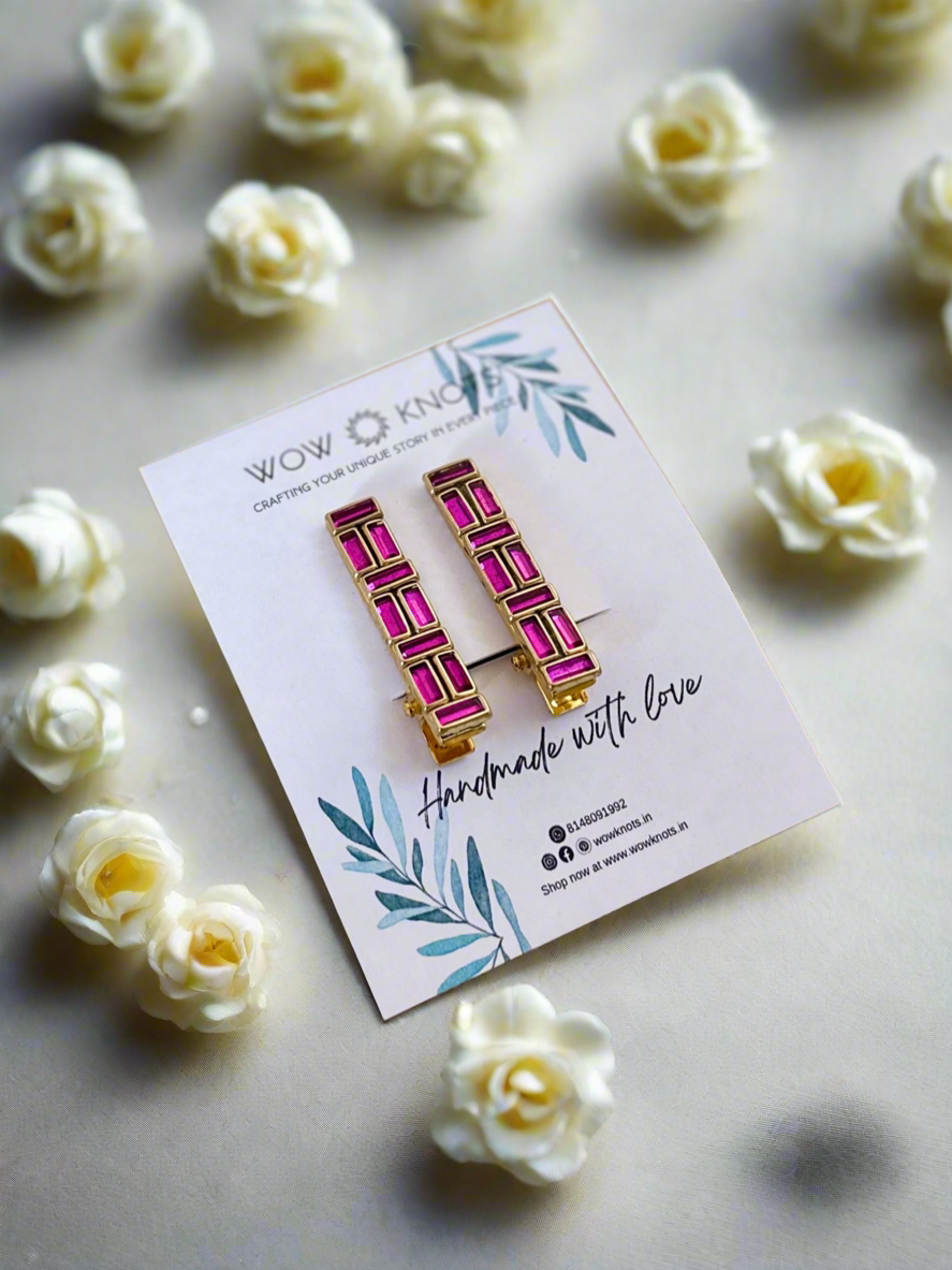 Pink Alligator Kundan Hair Clip - Stacked Rectangles