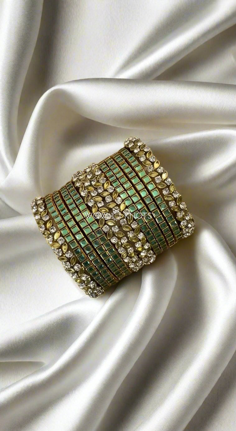 Kundan Bangles - Yellowish Green and Sea Green Combination