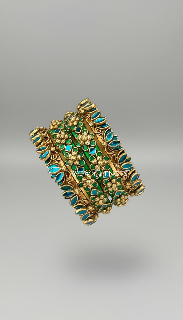 Blue Lotus Kada and Green Floral Kada Bangle Set -