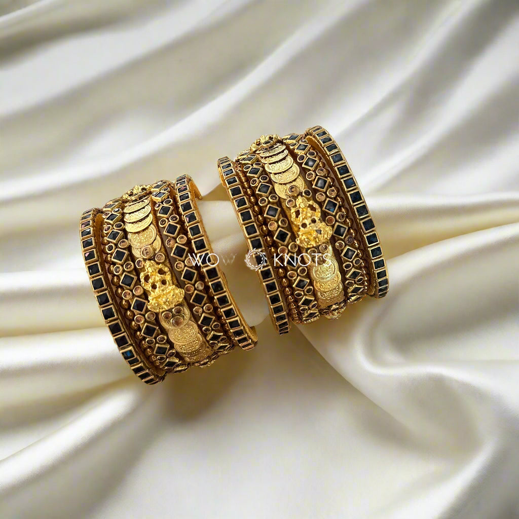 Lakshmi Charam and Coin Kada Kundan Bridal Bangle Set - Black