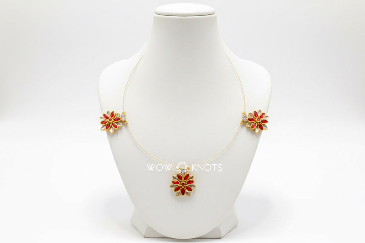 Handmade 3D Petal Flower 3 Charm Kundan Invisible Necklace in Silver and Red