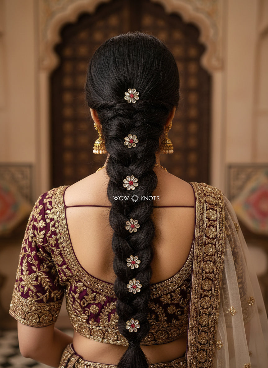 Handmade Kundan Flower Hair Pins in Silver and Red (Pack of 5 Comb Pins)