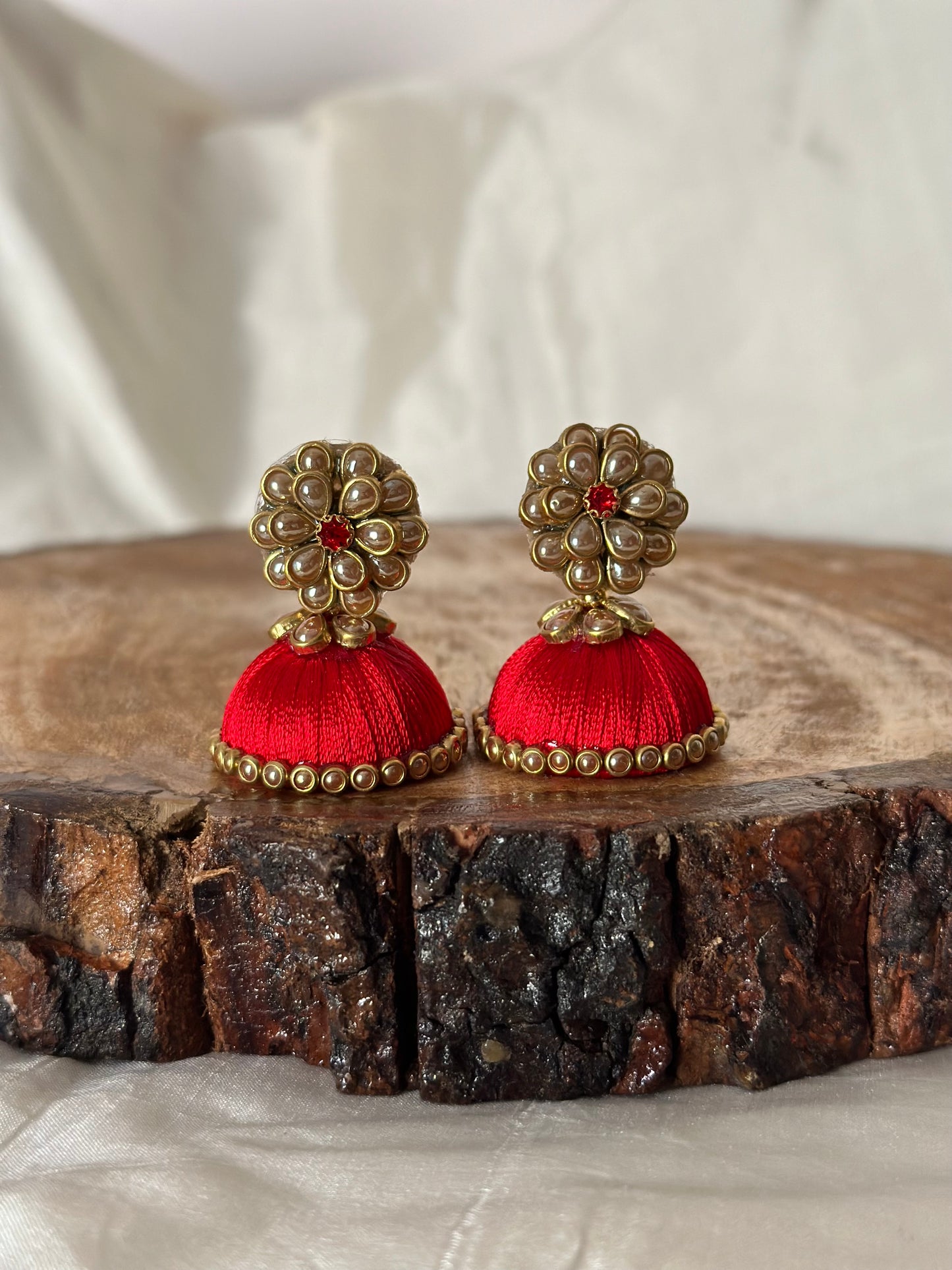 Red Stone and Pearl Gold Kundan Jhumka