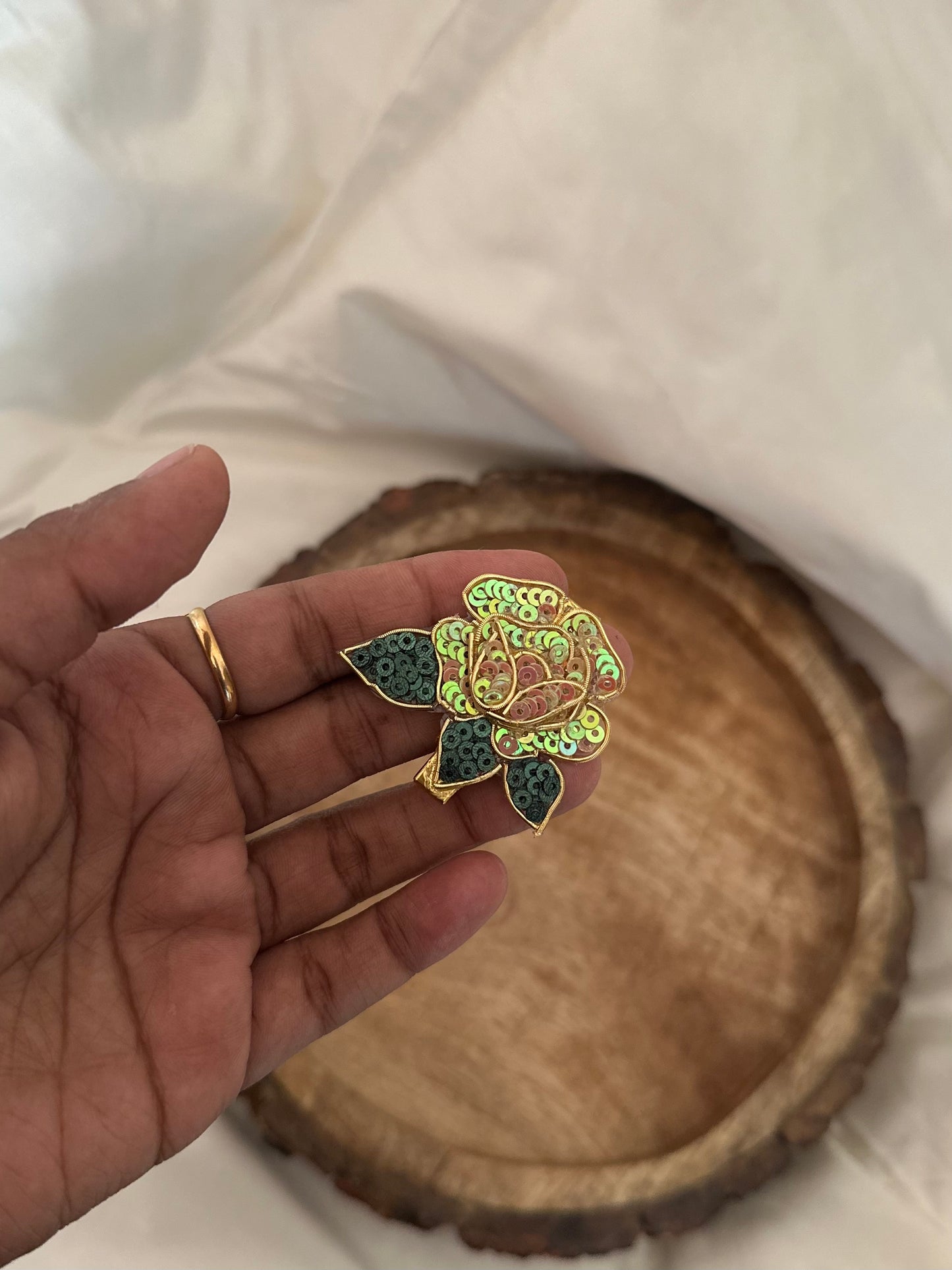 3D Rose Alligator Kundan Hair Clip/3D Hair Accessories/3D Hair Clips (Green and Pink Rainbow Sequins)