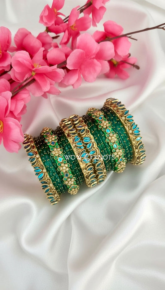 Blue and Green Lotus Kada Kundan Bangle Set